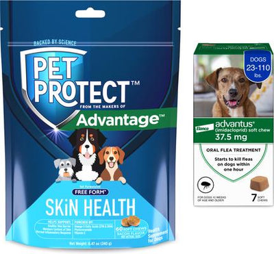Paquete: Tratamiento oral Advantus contra pulgas para perros (23-110 lb, 7 unidades) + Suplemento para la salud de la piel Pet Protect (60 unidades)