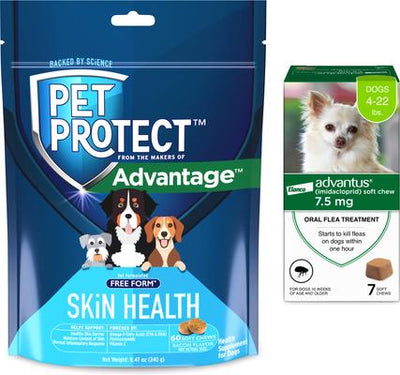 Bundle: Advantus Flea Oral Treatment for Dogs, 4-22 lbs, 7 count + Pet Protect Skin Health Supplement, 60 count