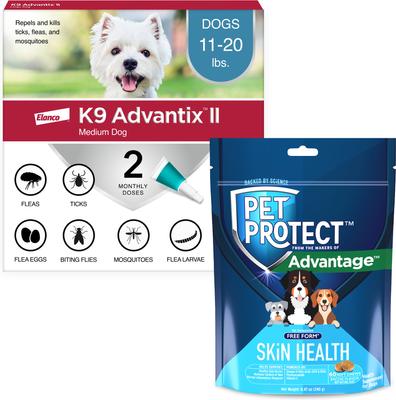 Paquete: Tratamiento localizado contra pulgas y garrapatas K9 Advantix II para perros de 5 a 9 kg (2 dosis) + Suplemento para la salud de la piel Pet Protect (60 unidades)