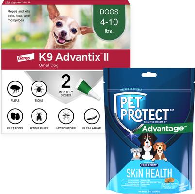 Bundle: K9 Advantix II Flea & Tick Spot Treatment for Dogs, 4-10 lbs, 2 Doses + Pet Protect Skin Health Supplement, 60 count