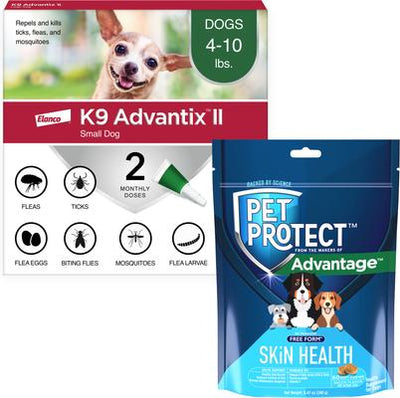 Bundle: K9 Advantix II Flea & Tick Spot Treatment for Dogs, 4-10 lbs, 2 Doses + Pet Protect Skin Health Supplement, 60 count