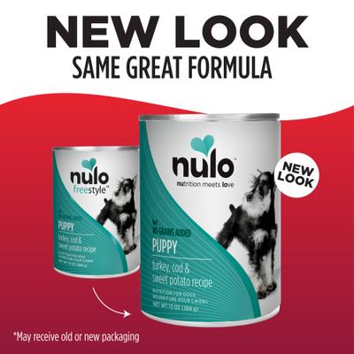Nulo, FreeStyle Paté Puppy Turkey, Cod & Sweet Potato, Pavo + Bacalao + Camote con DHA, Sin Granos, Cachorros, 369 g × 12 latas