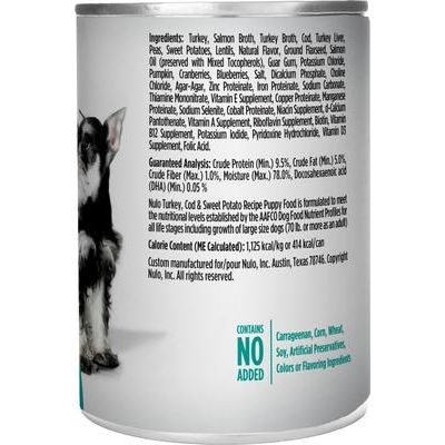 Nulo, FreeStyle Paté Puppy Turkey, Cod & Sweet Potato, Pavo + Bacalao + Camote con DHA, Sin Granos, Cachorros, 369 g × 12 latas