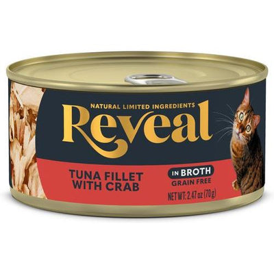 Alimento húmedo natural para gatos, sin cereales, con ingredientes limitados, filete de atún y cangrejo en caldo, lata de 2.47 oz, caja de 5