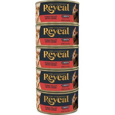 Alimento húmedo natural para gatos, sin cereales, con ingredientes limitados, filete de atún y cangrejo en caldo, lata de 2.47 oz, caja de 5