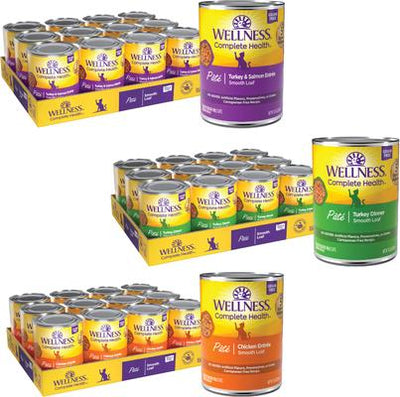 Bundle: Variety Pack - Wellness Complete Health Pate Chicken Entree Grain-Free Canned Cat Food, 12.5-oz, case of 12, Turkey & Salmon & Turkey Flavors