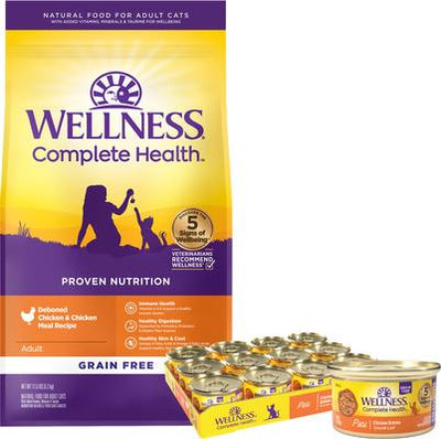 Bundle: Wellness Complete Health Pate Chicken Entree Grain-Free Canned Cat Food, 3-oz, case of 24 + Wellness Complete Health Natural Grain-Free Deboned Chicken & Chicken Meal Dry Cat Food, 11.5-lb bag