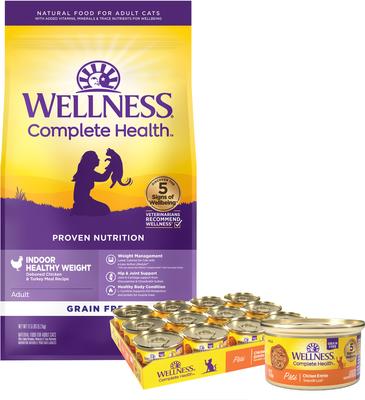 Bundle: Wellness Complete Health Pate Chicken Entree Grain-Free Canned Cat Food, 12.5-oz, case of 12 + Wellness Complete Health Grain-Free Indoor Healthy Weight Chicken Recipe Dry Cat Food, 11.5-lb bag