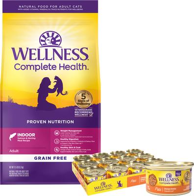 Bundle: Wellness Complete Health Pate Chicken Entree Grain-Free Canned Cat Food, 3-oz, case of 24 + Wellness Complete Health Natural Grain-Free Salmon & Herring Dry Cat Food, 11.5-lb bag