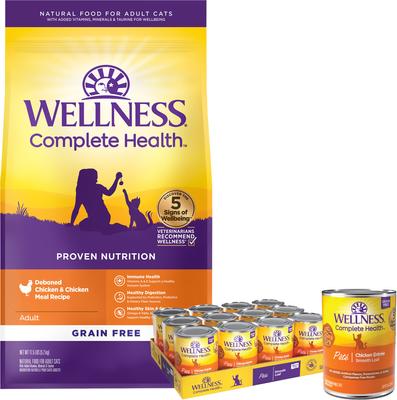 Bundle: Wellness Complete Health Pate Chicken Entree Grain-Free Canned Cat Food, 3-oz, case of 24 + Wellness Complete Health Natural Grain-Free Deboned Chicken & Chicken Meal Dry Cat Food, 11.5-lb bag