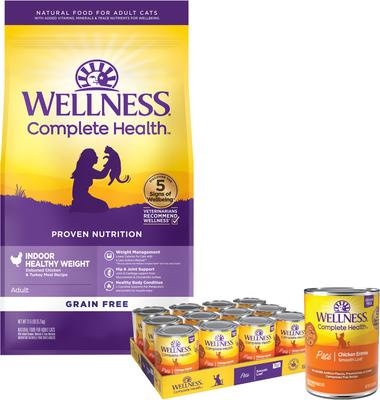 Bundle: Wellness Complete Health Pate Chicken Entree Grain-Free Canned Cat Food, 12.5-oz, case of 12 + Wellness Complete Health Grain-Free Indoor Healthy Weight Chicken Recipe Dry Cat Food, 11.5-lb bag