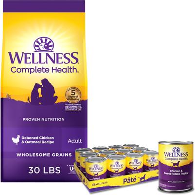 Paquete: Alimento seco Wellness Complete Health para adultos con pollo deshuesado y avena + Alimento enlatado para perros con fórmula de pollo y batata