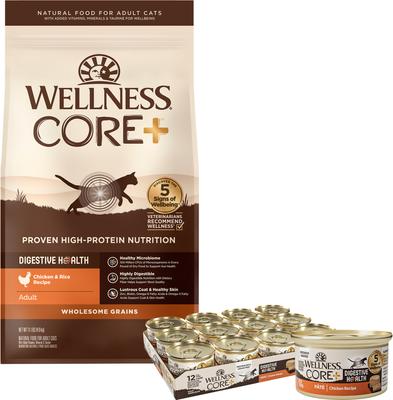 Bundle: Wellness CORE Digestive Health Chicken Pate Recipe Grain-Free Wet Cat Food, 3-oz, case of 12 & Wellness CORE Digestive Health Wholesome Grains Chicken & Rice Recipe Dry Cat Food, 11-lb bag