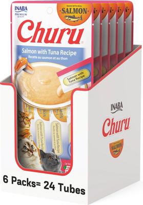 Golosinas para lamer sin cereales para gatos Churu de salmón con puré de atún, tubo de 0.5 oz, 24 unidades
