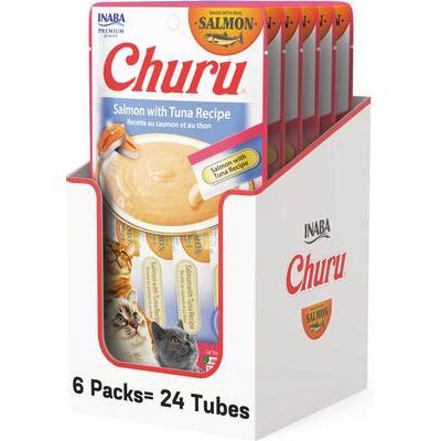 Churu - Puré de salmón para lamer, premios para gatos sin cereales, tubo de 0.5 oz, 24 unidades