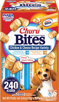 Churu Bites Wraps, golosinas suaves y masticables para perros con pollo y queso, tubo de 0.42 oz, 20 unidades