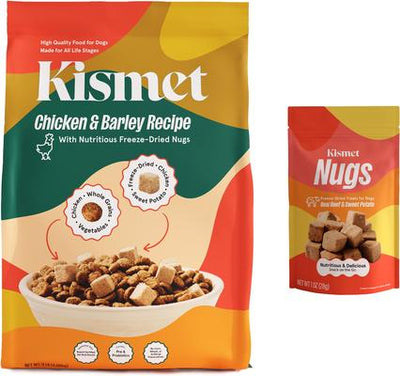 Paquete: Alimento seco para perros Kismet con pollo y cebada y nugs liofilizados (bolsa de 4 kg) + Premios liofilizados con nugs de carne y boniato (bolsa de 28 g)