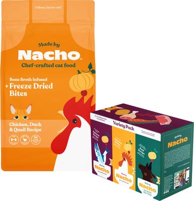 Bundle: Made by Nacho Cage Free Chicken, Duck & Quail Recipe with Freeze-Dried Chicken Liver Dry Cat Food, 4-lb bag + Cuts In Gravy Recipes with Bone Broth Variety Pack Wet Food