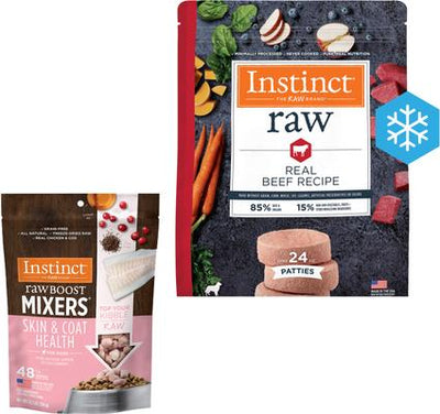 Paquete: Empanadas crudas congeladas Instinct, alimento con receta de carne de res real + Mezclas liofilizadas para potenciar la salud de la piel y el pelaje para perros.