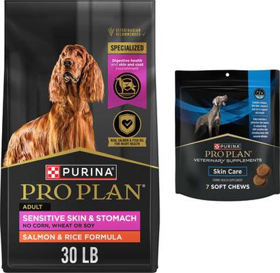 Bundle: Purina Pro Plan Adult Sensitive Skin & Stomach Salmon & Rice Formula Dry Dog Food, 30-lb bag + Skin Care Soft Chew Supplement, 7 count