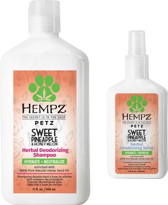 Bundle: Hempz Petz Sweet Pineapple Honey Melon Deodorizing Cologne Dog Spray, 8.5-fl oz bottle + Deodorizing Shampoo, Sweet Pineapple Honey Melon Scent, 17-fl oz bottle