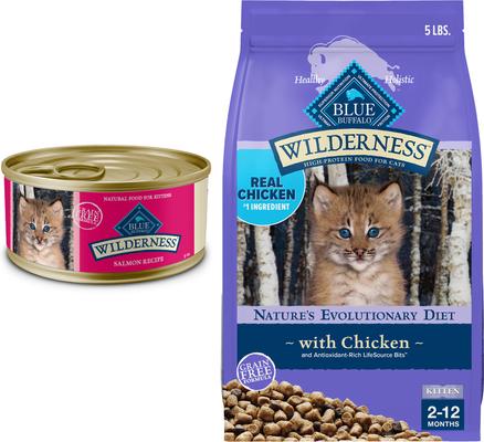 Bundle: Blue Buffalo Wilderness Kitten Salmon Grain-Free Canned Food + Chicken Recipe Grain-Free Dry Cat Food
