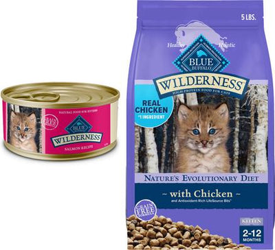 Bundle: Blue Buffalo Wilderness Kitten Salmon Grain-Free Canned Food + Chicken Recipe Grain-Free Dry Cat Food