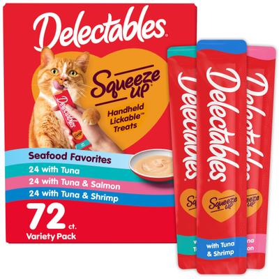 Delectables Squeeze Up - Paquete variado de premios para lamer sin cereales para gatos, tubo de 0.5 oz, 72 unidades