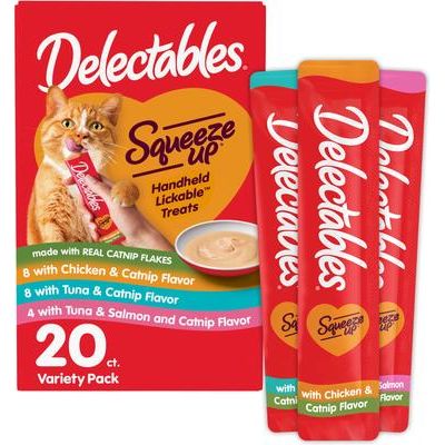 Delectables Squeeze Up - Paquete variado de premios para lamer sin cereales para gatos, tubo de 0.5 oz, caja de 20