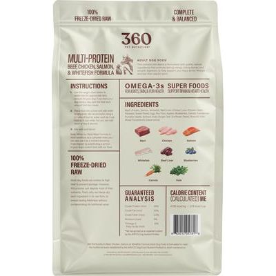 Alimento liofilizado crudo multiproteico para perros adultos sin cereales, bolsa de 48 oz