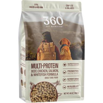 Alimento liofilizado crudo multiproteico para perros adultos sin cereales, bolsa de 48 oz