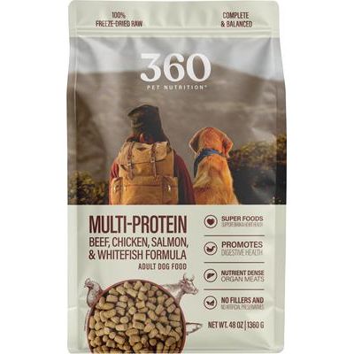 Alimento liofilizado crudo multiproteico para perros adultos sin cereales, bolsa de 48 oz