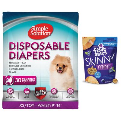 Bundle: Simple Solution Disposable Female Diapers, X-Small, 30 count + Fruitables Skinny Minis Pumpkin & Berry Flavor Dog Treats, 5-oz bag