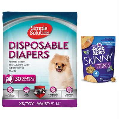 Bundle: Simple Solution Disposable Female Diapers, X-Small, 30 count + Fruitables Skinny Minis Pumpkin & Berry Flavor Dog Treats, 5-oz bag