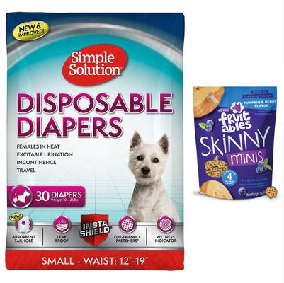 Bundle: Simple Solution Disposable Female Diapers, X-Small, 30 count + Fruitables Skinny Minis Pumpkin & Berry Flavor Dog Treats, 5-oz bag