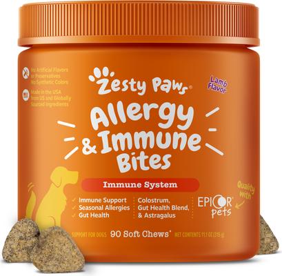 Bundle: Zesty Paws Wild Alaskan Salmon Oil Formula Liquid Skin & Coat Supplement, 32-oz bottle + Allergy Immune Bites Lamb Flavored Soft Chews Immune System & Allergy Supplement for Dogs, 90 count