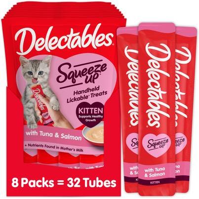 Delectables Squeeze Up Complete & Balanced Tuna & Salmon Lickable Kitten Treats, tubo de 0.5 oz, caja de 32