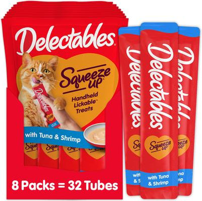 Delectables Squeeze Up - Premio para lamer de atún y camarones para gatos, tubo de 0.5 oz, 32 unidades