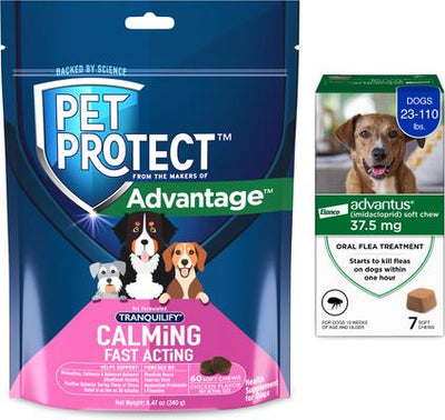 Paquete: Tratamiento oral contra pulgas Advantus, 10-50 kg, 7 masticables blandos + Suplemento calmante de acción rápida Pet Protect para perros, 60 unidades