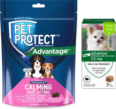 Paquete: Tratamiento oral contra pulgas Advantus, 1,8-10 kg, 7 masticables blandos + Suplemento calmante de acción rápida Pet Protect para perros, 60 unidades