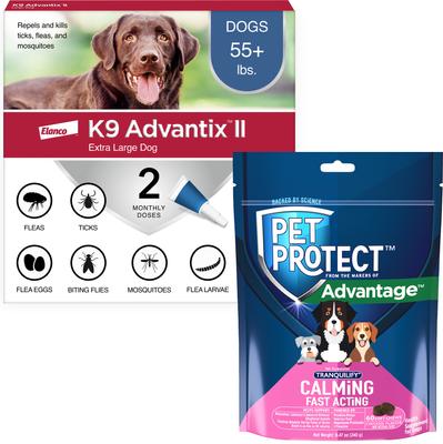 Bundle: K9 Advantix II Flea & Tick Spot Treatment, over 55-lbs, 2 Doses (2-mos. supply) + Pet Protect Fast Acting Calming Supplement for Dogs, 60 count