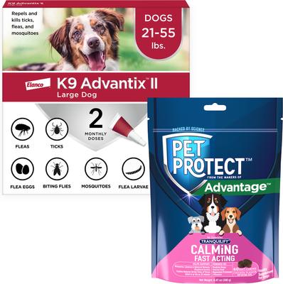 Paquete: Tratamiento localizado contra pulgas y garrapatas K9 Advantix II, 21-55 lb, 2 dosis (suministro para 2 meses) + Suplemento calmante de acción rápida Pet Protect para perros, 60 unidades