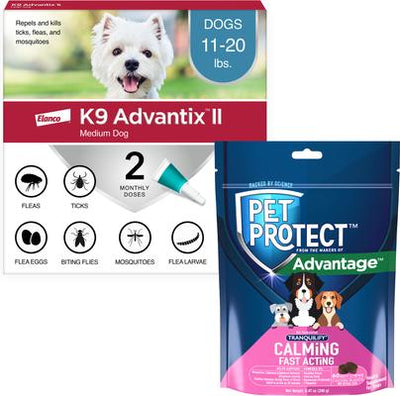 Paquete: Tratamiento localizado contra pulgas y garrapatas K9 Advantix II, 11-20 lb, 2 dosis (suministro para 2 meses) + Suplemento calmante de acción rápida Pet Protect para perros, 60 unidades