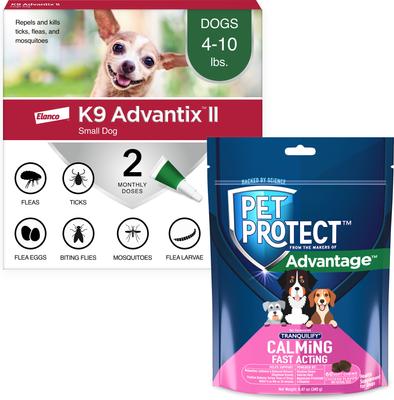 Paquete: Tratamiento localizado contra pulgas y garrapatas K9 Advantix II, 4-10 lb, 2 dosis (suministro para 2 meses) + Suplemento calmante de acción rápida Pet Protect para perros, 60 unidades