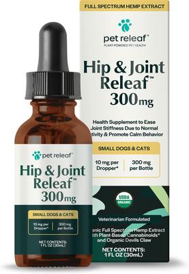 Hip & Joint Releaf Organic Full Spectrum Hemp Extract Oil & Devils Claw Liquid Hip & Joint Health Supplement for Small Dogs & Cats, 1-fl oz bottle