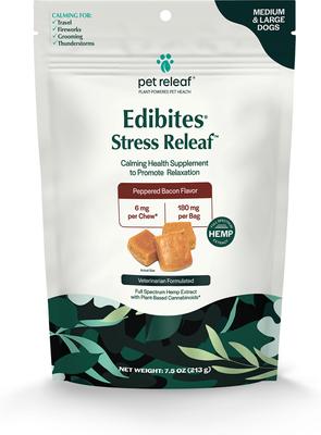 Bundle: Pet Releaf Favorites - Edibites Calming Bacon & Ashwaganda Full Spectrum Hemp Medium & Large Dog Supplement, Chew & Liquid Bundle