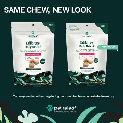 Bundle: Pet Releaf Favorites - Edibites Daily ReleafBlueberry Cranberry & 100-mg Full Spectrum Hemp Small Dog Supplement, Chew & Liquid Bundle