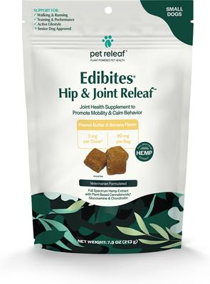 Edibites Hip & Joint Releaf Organic Peanut Butter & Banana Flavored Chew Full Spectrum Hemp Extract Hip & Joint Health Supplement for Small Dogs, 30 count