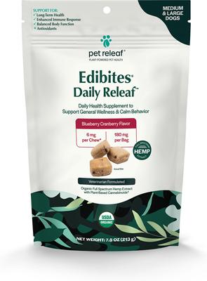 Edibites Daily Releaf - Masticable orgánico con sabor a arándano rojo y extracto de cáñamo de espectro completo, suplemento para perros medianos y grandes (30 unidades)