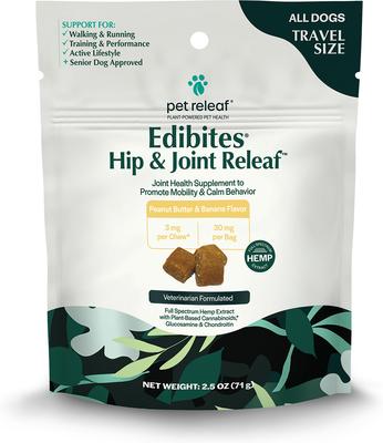 Edibites Hip & Joint Releaf Organic Peanut Butter & Banana Flavored Chew Full Spectrum Hemp Extract Hip & Joint Health Supplement for Dogs, 10 count